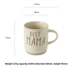 Mug with 'BEST MAMA' text and measurements on a white background