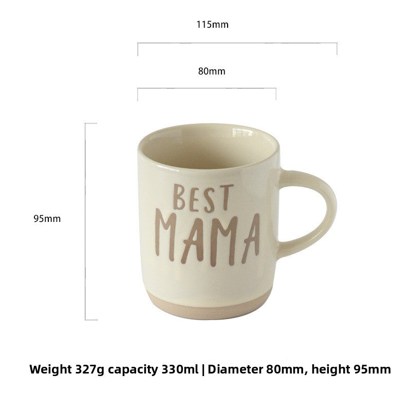 Mug with 'BEST MAMA' text and measurements on a white background