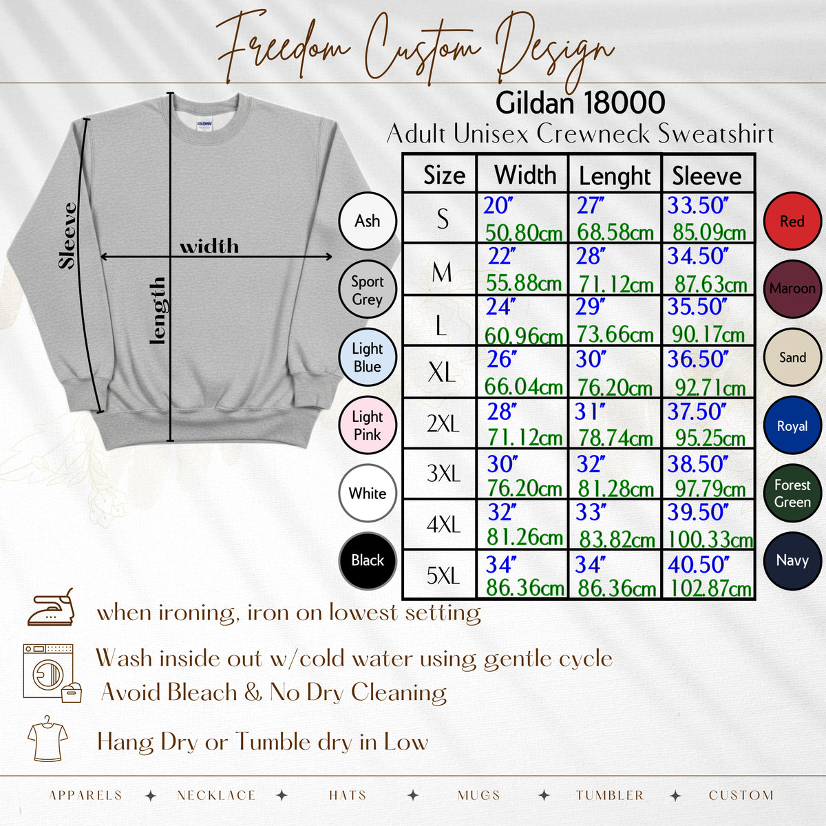 Gildan 18000 Adult Unisex Crewneck Sweatshirt size chart with color options and care instructions.