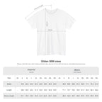 White t-shirt with measurement chart on a white background